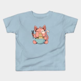 Cartoon Cat Eating Ramen Kids T-Shirt